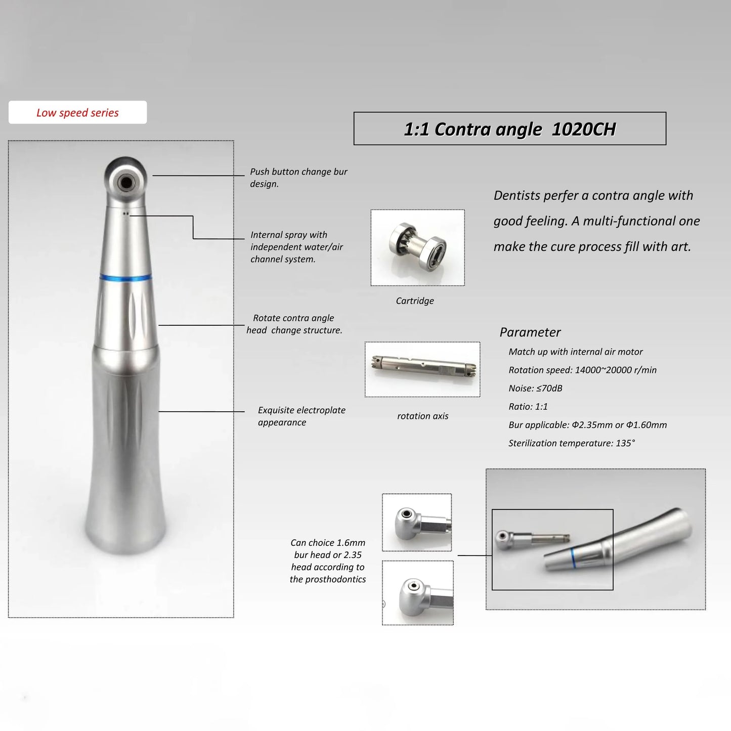 HEXION Dental Inner Slow Contra Angle  1:1 Ratio E-Tape Low Speed Handpiece Push Button Internal Water Spray 2/4 Holes Air Motor