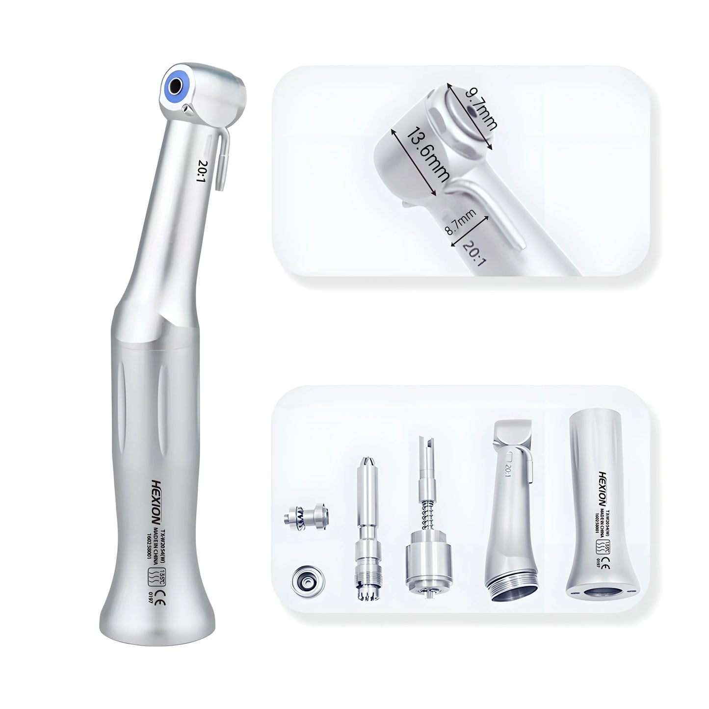 HEXION 20:1 Dental Implant Handpiece Push ButtonLow Speed Reduction E-Type Connector Contra Angle Handpiece Torque 80Ncm