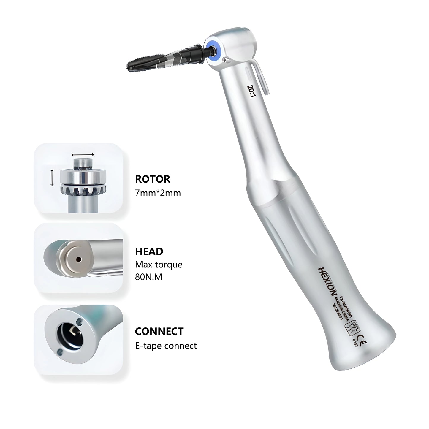 HEXION 20:1 Dental Implant Handpiece Push ButtonLow Speed Reduction E-Type Connector Contra Angle Handpiece Torque 80Ncm